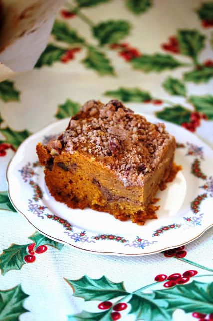 vegan pumpkin crumb cake pecan topping