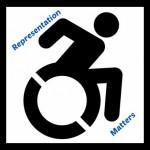 Black accessible icon symbol with blue text that reads representation matters