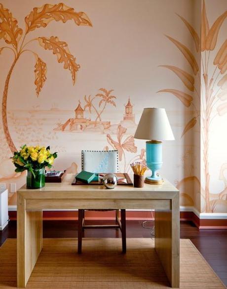 Simone Design Blog|Residential  interiors that are inspiring with its color scheme|chinoiserie wall in a home office 