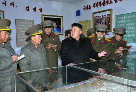 Kim Jong tours a historical exhibition at the KPA Design Institute.  Also in attendance are Gen. Jang Jong Nam, Minister of the People's Armed Forces (L), and VMar Choe Ryong Hae, Director of the KPA General Political Department (2nd L) (Photo: Rodong Sinmun).