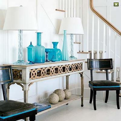 adding a pop of blue to an all white entry