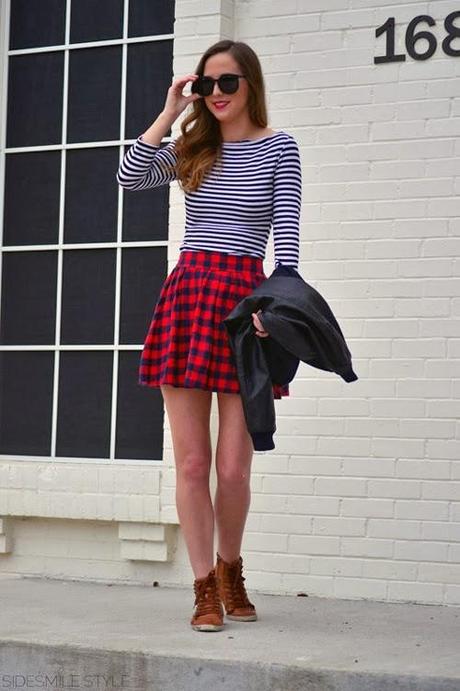 Checked Skirt + Striped Shirt