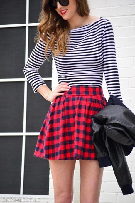 Checked Skirt + Striped Shirt