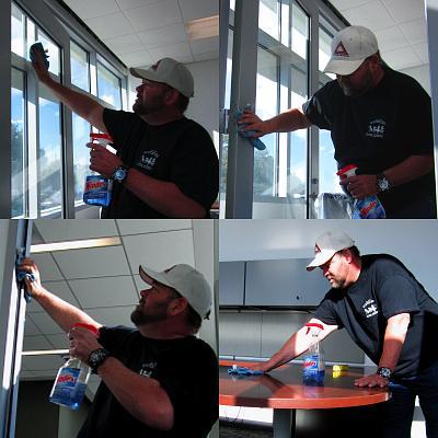 Cleaning windows, frames and surface tops at the Rancho Learning Center in Arcadia, Jeff Baron demonstrates a range of janitorial duties his SEIU employees will normally perform on a public works site.