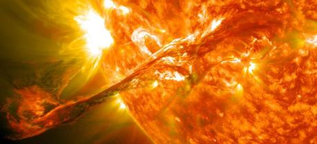 A coronal mass ejection erupts from the Sun.