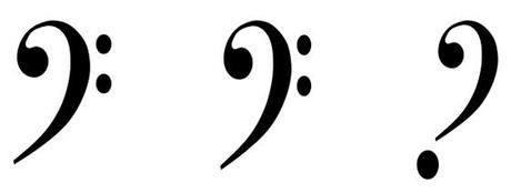 music notation sequence showing how bass clef was converted into question mark
