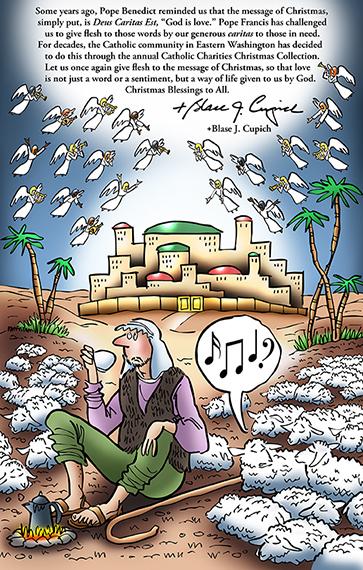Spokane Inland Register Christmas cover with bishop's message, shepherd and sheep on plains of Bethlehem with heavenly host in sky singing praise to Christ's birth, one sheep asking another if he hears music