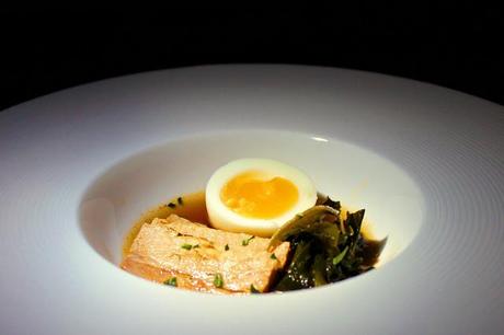 Miso soup with roasted pork belly & wakame and egg #146