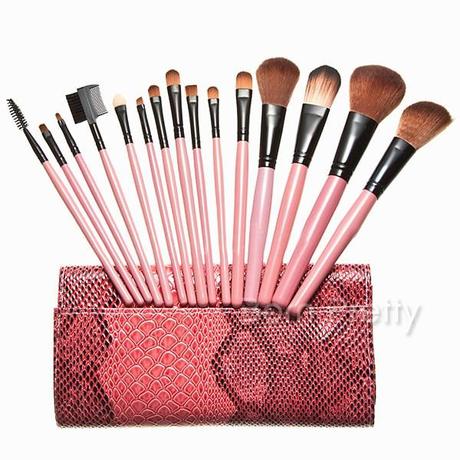 15Pcs Lovely Pink Handled Cosmetic Brush Makeup Brush Kit With Lizard Leather Bag