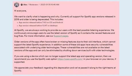 Spotify is deprecating support for all app versions released in 2016 and earlier