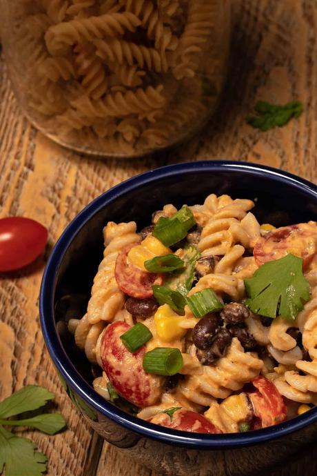 Mexican pasta salad, vegan, gluten-free, and oil-free