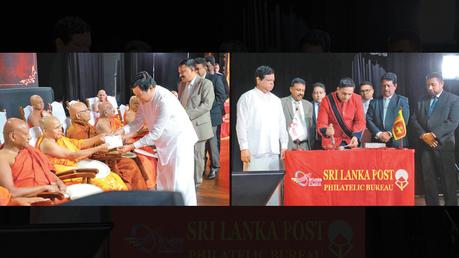 Transport, Highways and Mass Media Minister Dr. Bandula Gunawardena   hading over a Special Stamp and First Day Cover to the Maha Sangha. Secretary to the Mass Media Ministry Anusha Palpita and Post Master General Ruwan Sathkumar are also in the picture.