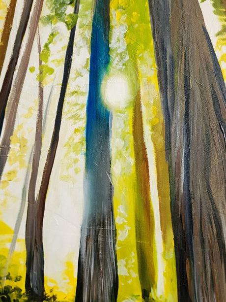 Vertical Green Forest Paintings and Art Prints | Redwoods Art | Sunlight Shining Through Trees