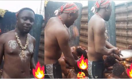 Reactions as Native Doctor Bathes Suspected Yahoo Boys With Blood (Watch Video)