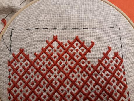 Making a German brick stitch embroidered purse: the top of the panels
