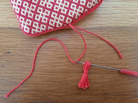 Making a German brick stitch embroidered purse: adding decorative tassels