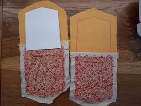 Making a German brick stitch embroidered purse: a cardboard shape to be sure the panels match