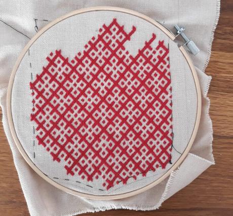 Making a German brick stitch embroidered purse: the long embroidery process with the first color