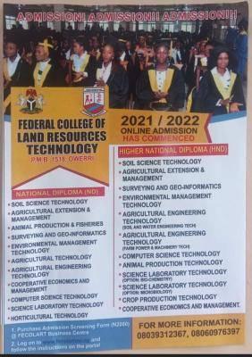 Federal College of Land Resources Technology Admission Form 2021/2022 is Out