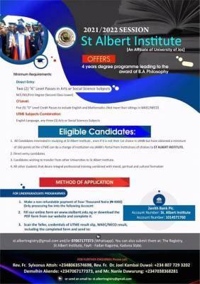 St. Albert Institute (UNIJOS Affiliate) DE Form 2021: Requirements