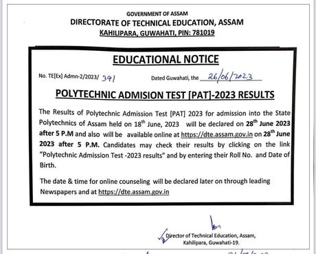 Assam Polytechnic PAT Result 2023  Download Scorecard Here