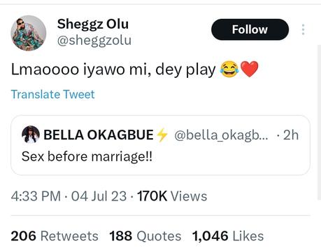BBNaija Star, Sheggz Reacts As Bella Reveals Why She Can’t Have Szx Before Marriage BBNaija Star, Sheggz Reacts As Bella Reveals Why She Can’t Have Szx Before Marriage