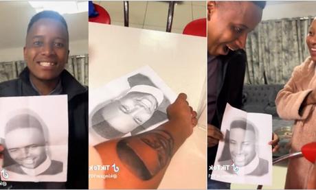 Husband Unable to Contain Excitement As wife Tattooed His Face On Her Arm [Video]