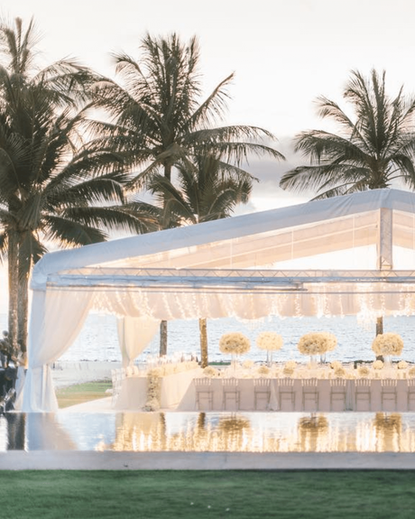wedding pool party decoration white marquee by the pool