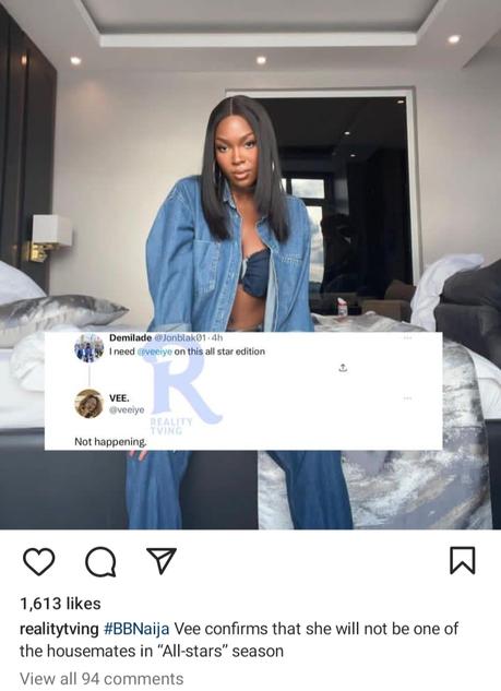 BBNaija Season 8: Moment Vee Iye Rejects Big Brother Naija All Stars Offer