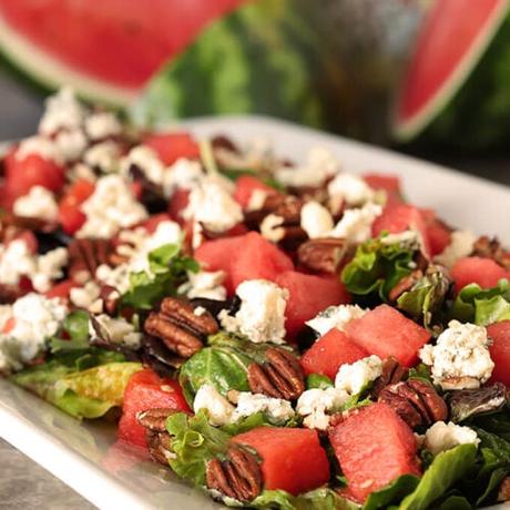 Watermelon Salad with Toasted Pecans and Gorgonzola Cheese