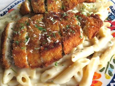 Crispy Chicken with Creamy Garlic Pasta