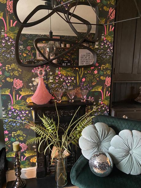 Bold, patterned wallpaper and victorian fireplace. Featuring our Art Deco Style Pink Bottle and Pink Martini Gin Glasses. Image @by a_leopard_in_every_room