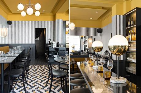 A gorgeous Parisian, Art Deco inspired restaurant. Beautiful interior colour palette combinations of mustard yellow and black.