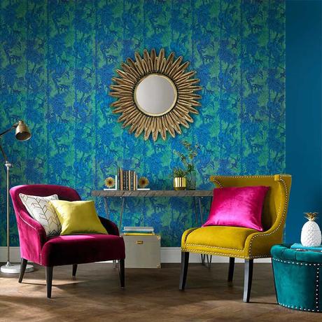 Ubud Tropic wallpaper by Graham & Brown is a lush tropical pattered wallpaper. In vibrant blues and greens with mischievous monkeys.
