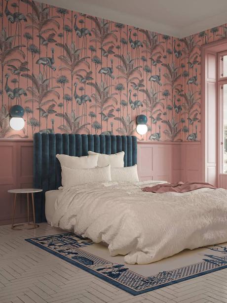 Blush pink patterned wallpaper. Crane Fonda, in coral, by Divine Savages