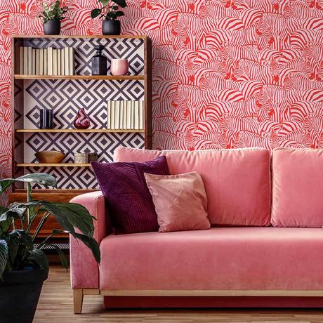 Bold patterned wallpaper inspiration. Hide and Seek wallpaper in red and pink, by Lust Home. Zebra print wallpaper