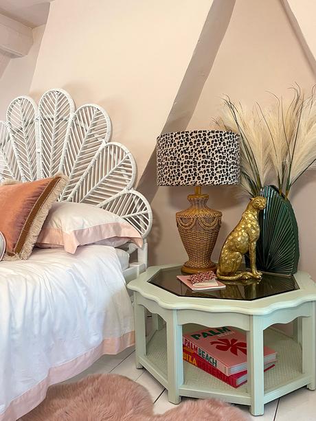 Gorgeous pastel pink and mint green bedroom bedroom designed by Sophie Robinson for Dream Home Makeovers tv show. Featuring a gorgeous Gold Sitting Leopard by Audenza 