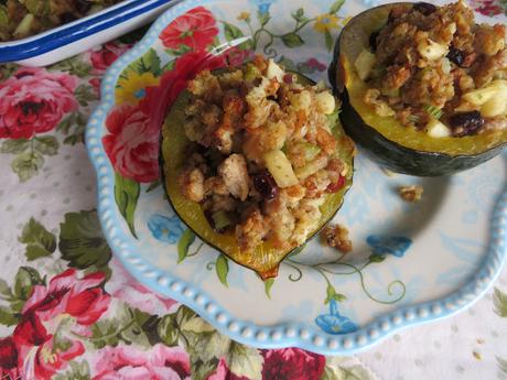 Stuffed Acorn Squash with Cranberry, Apple & Sausage Stuffing