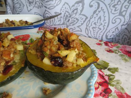 Stuffed Acorn Squash with Cranberry, Apple & Sausage Stuffing