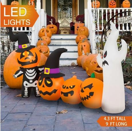 9 FT Long 4 Pumpkins with Cute White Ghost Halloween Inflatables