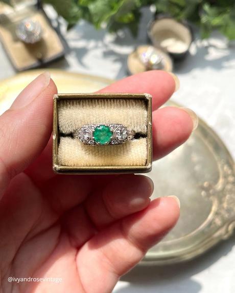 art deco engagement rings green stone rectangle ring