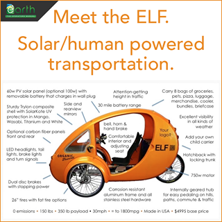 How cool is this? Santa's elves are busy right now, but this is one ELF that works it year round. ELF is a sun-powered trike featuring bike pedals and solar electric assist to make your ride fun and easy, clean and green… and fast. http://www.organictransit.com/