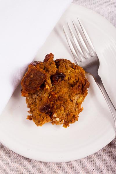 photo of Pumpkin Bread Pudding with fork and white napkin on white plate