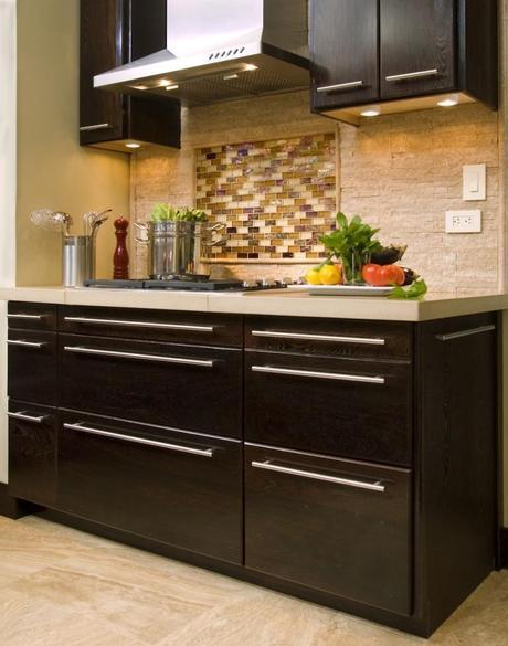 Kitchen design by Lakesha Rose, with custom cabinets of Wenge wood and a concrete coutnertop. 