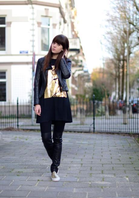 look gold and black leather