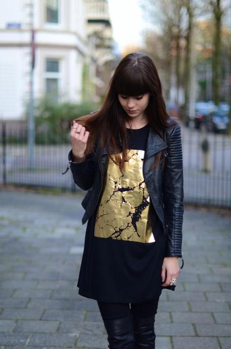 lovelybylucy gold foil print shirt dress black leather jacket