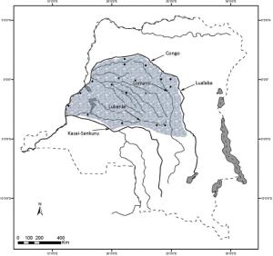 The Bonobo territory, criss-crossed with rivers