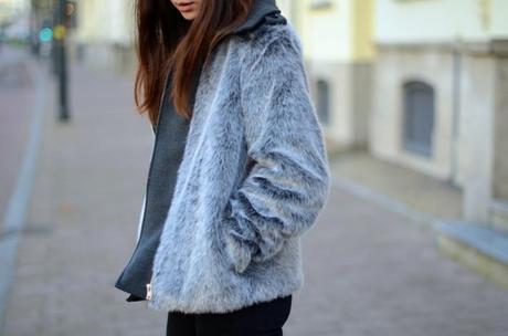 Black jeans, grey fur marcel ostertag for asos grey faux fur jacket