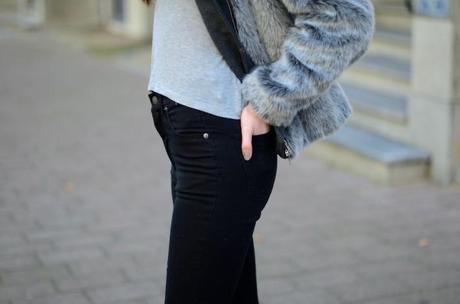 Black jeans, grey fur cheap monday tight high waist black jeans