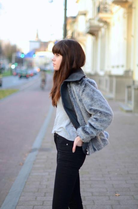 Black jeans, grey fur outfit grey faux fur coat
